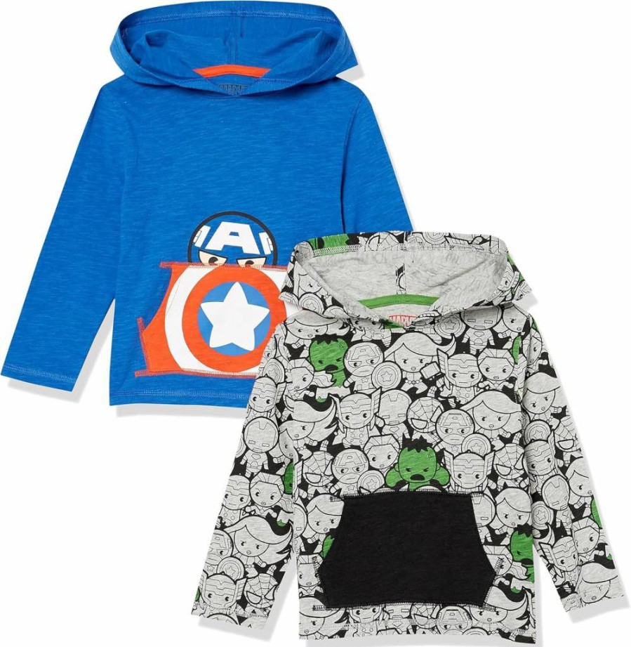 Amazon Essentials Boys' & Toddlers' Marvel & Star Wars 2-Pack Lightweight Hooded Long-Sleeve T-Shirts