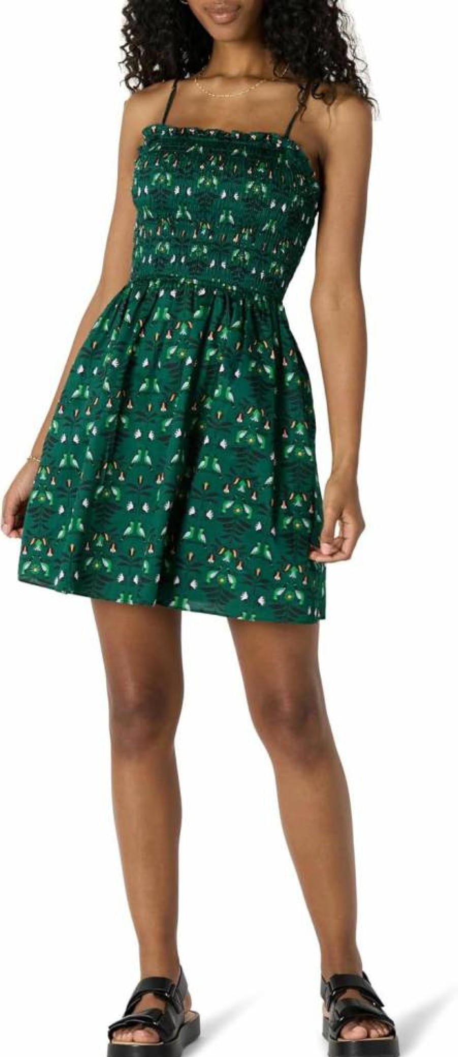 Amazon Essentials Women's Casual Short Sleeve Smocked Dress with Sateen Cotton Fabric, Regular Fit, Summer Mini Dress