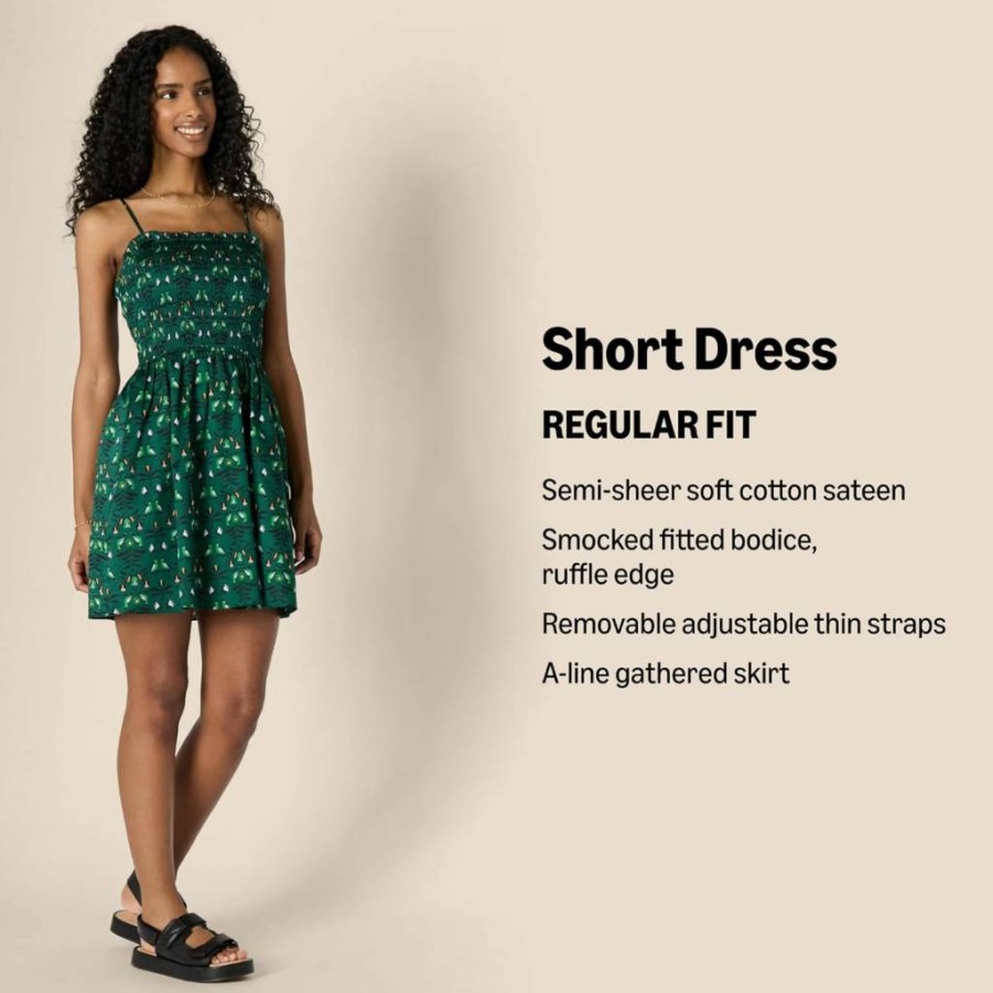 Amazon Essentials Women's Casual Short Sleeve Smocked Dress with Sateen Cotton Fabric, Regular Fit, Summer Mini Dress