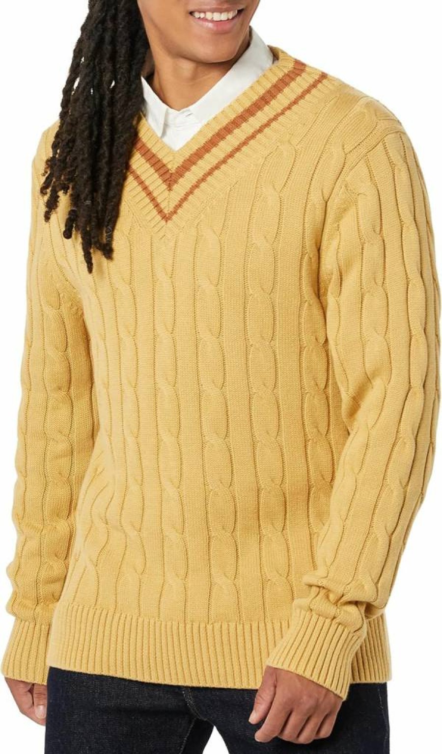 Amazon Essentials Men's Soft Cable Knit V-Neck Sweater, Lightweight Comfortable Pullover for Casual Wear