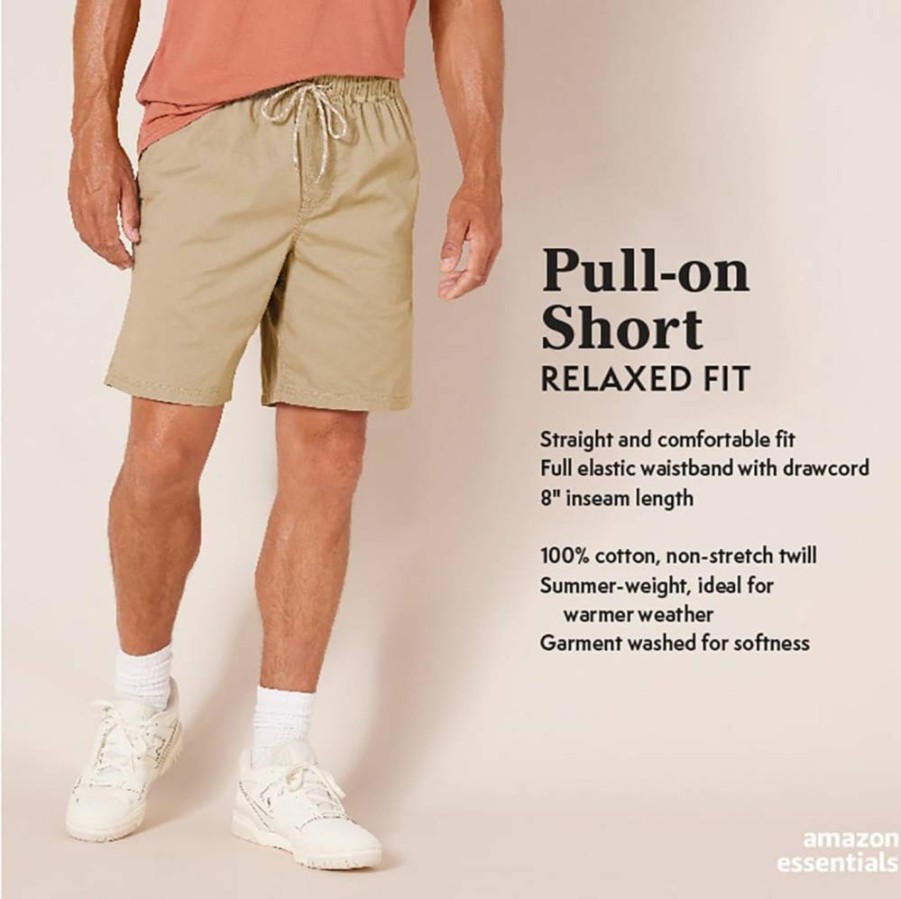 Amazon Essentials Men's Relaxed-Fit Drawstring Shorts with 8" Inseam - Plus Size Options Available
