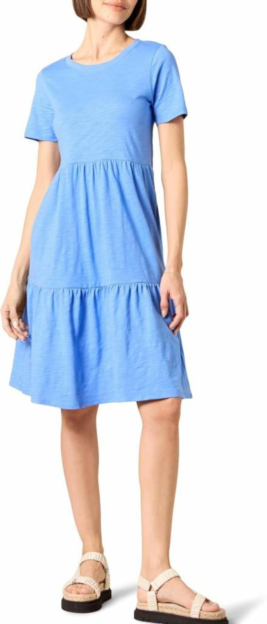 Amazon Essentials Women's Casual Short-Sleeve Tiered Midi Dress with Crew Neck