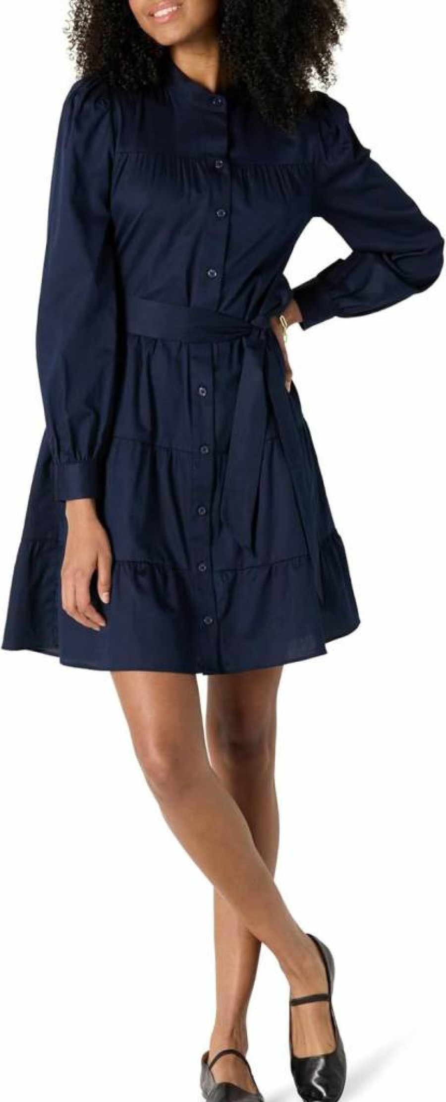 Amazon Essentials Women's Casual Tiered Shirt Dress - Regular Fit, Cotton Sateen, Versatile Everyday Wear