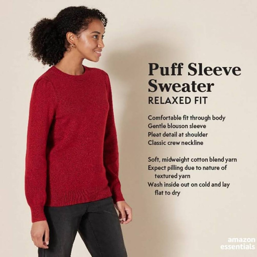 Amazon Essentials Women's Soft Touch Pleated Crewneck Sweater - Comfortable Casual Knit Top for Women