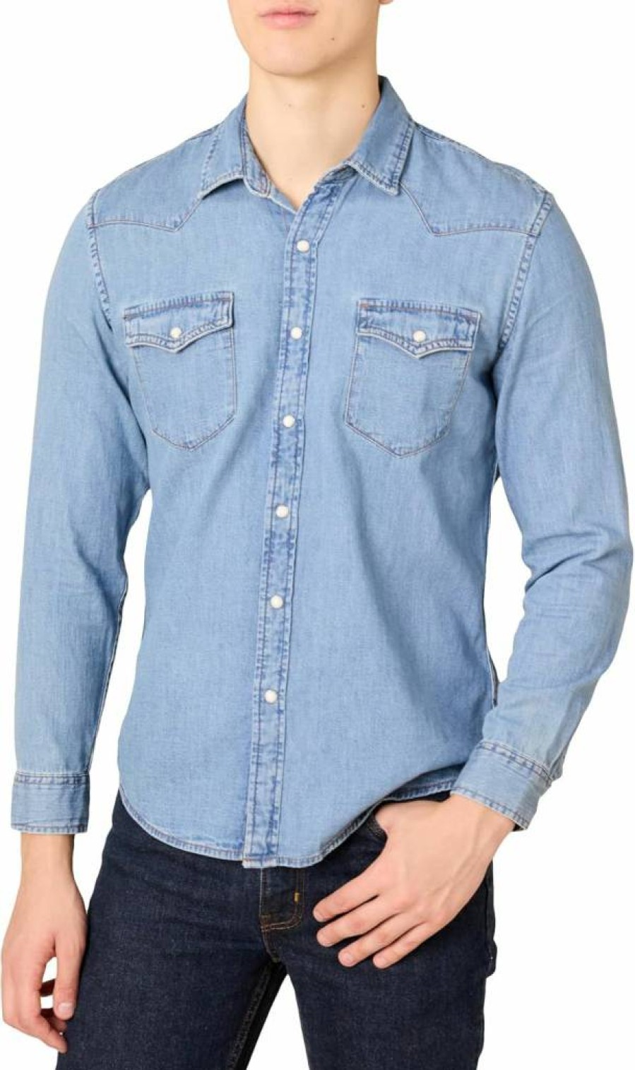 Amazon Essentials Men's Slim-Fit Snap Button Denim Shirt Long Sleeve Casual Style