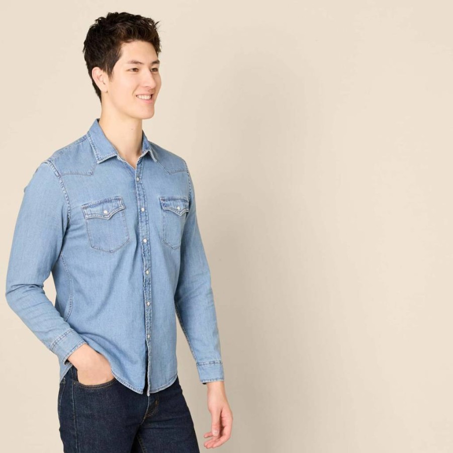 Amazon Essentials Men's Slim-Fit Snap Button Denim Shirt Long Sleeve Casual Style