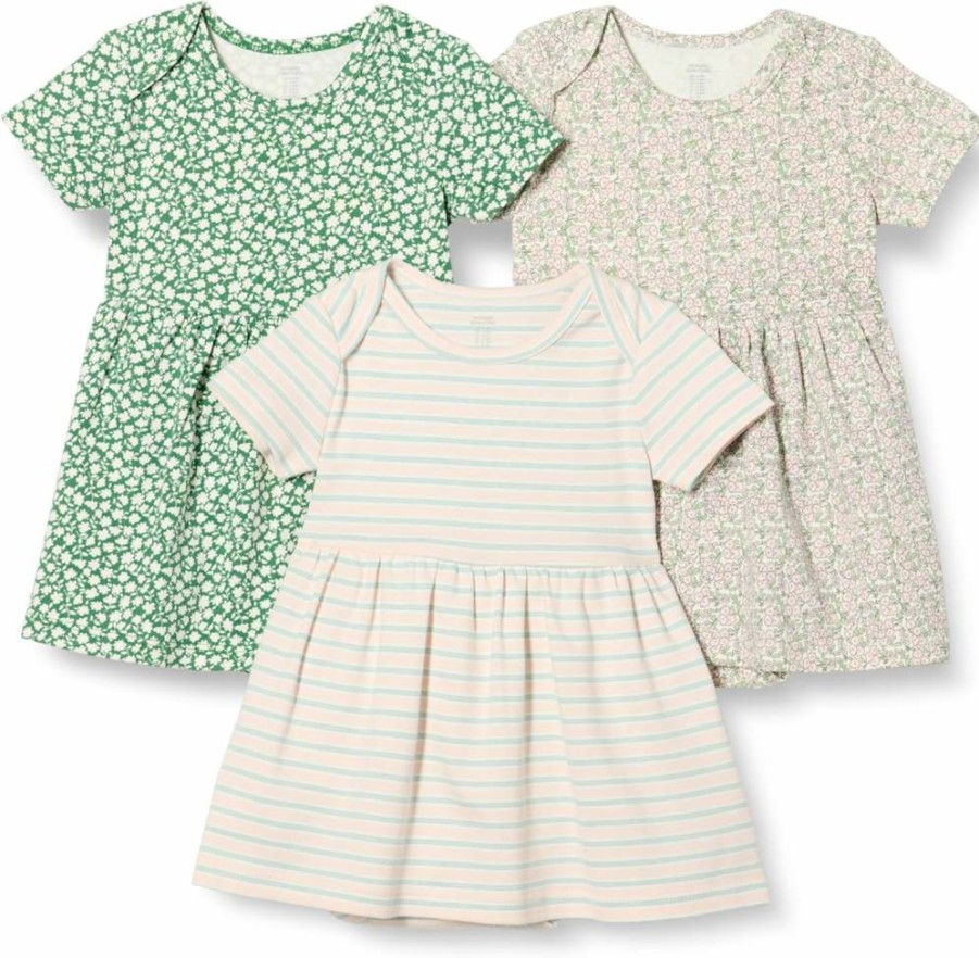 Amazon Essentials Baby Girls' 3-Pack Short Sleeve Bodysuit Dresses - Soft Casual Outfits