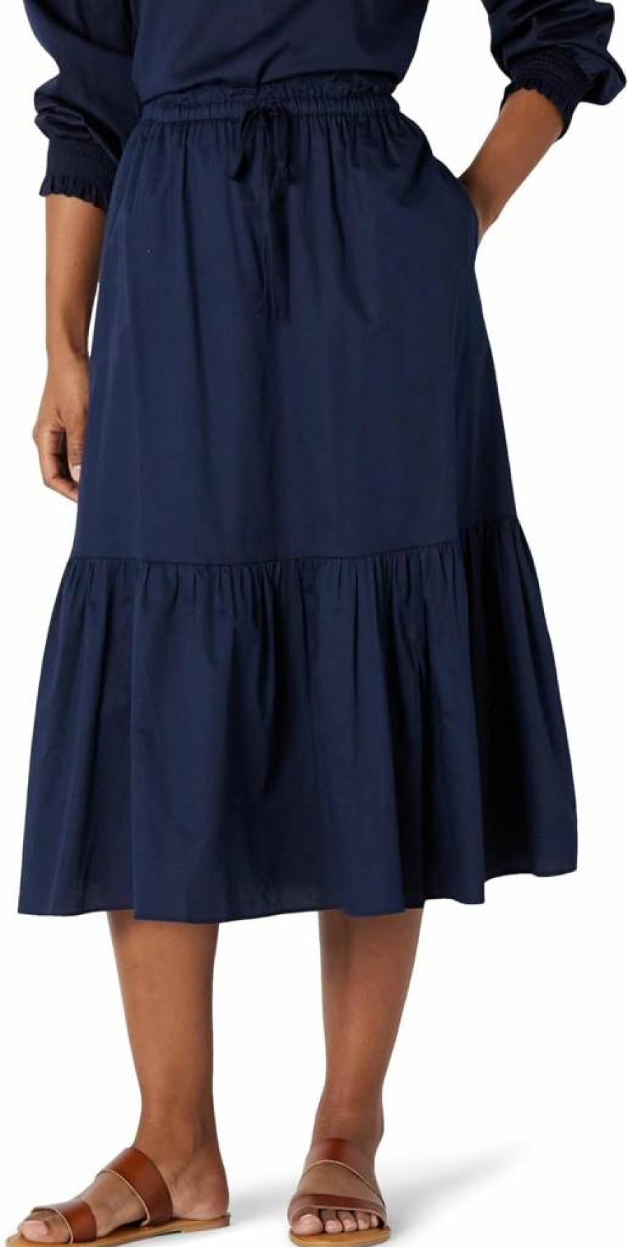 Amazon Essentials Women's A-Line Midi Skirt - Mid-Rise Cotton Sateen Tiered Design (Top Sold Separately)