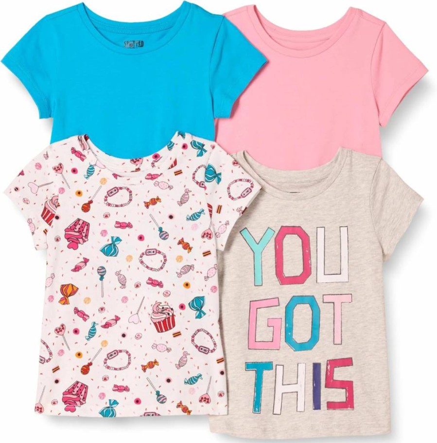 Amazon Essentials Girls & Toddlers' Short-Sleeve Cotton T-Shirt Multipacks (3-Pack, Assorted Colors)