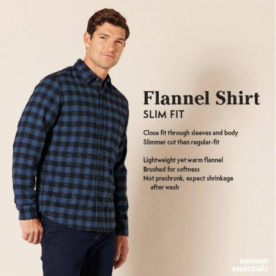 Amazon Essentials Men's Slim-Fit Flannel Shirt - Long Sleeve Plaid Button-Down for Men