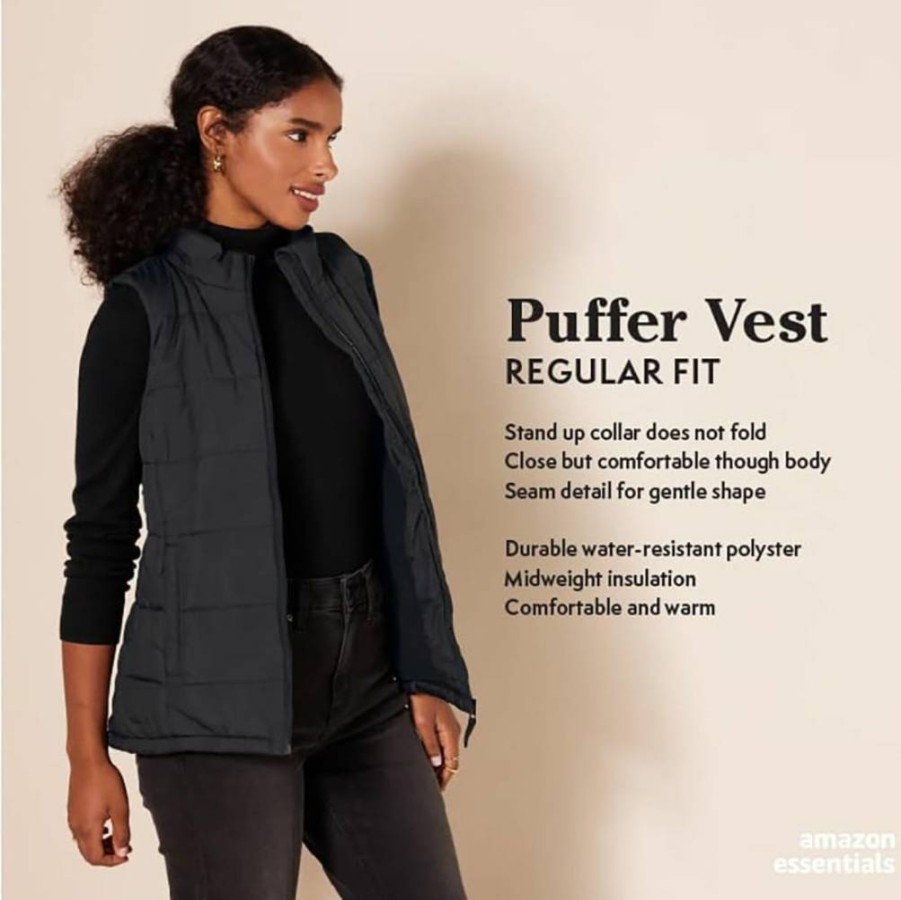 Amazon Essentials Women's Mid-Weight Puffer Vest - Lightweight Warm Winter Jacket, Water-Resistant, Packable Design