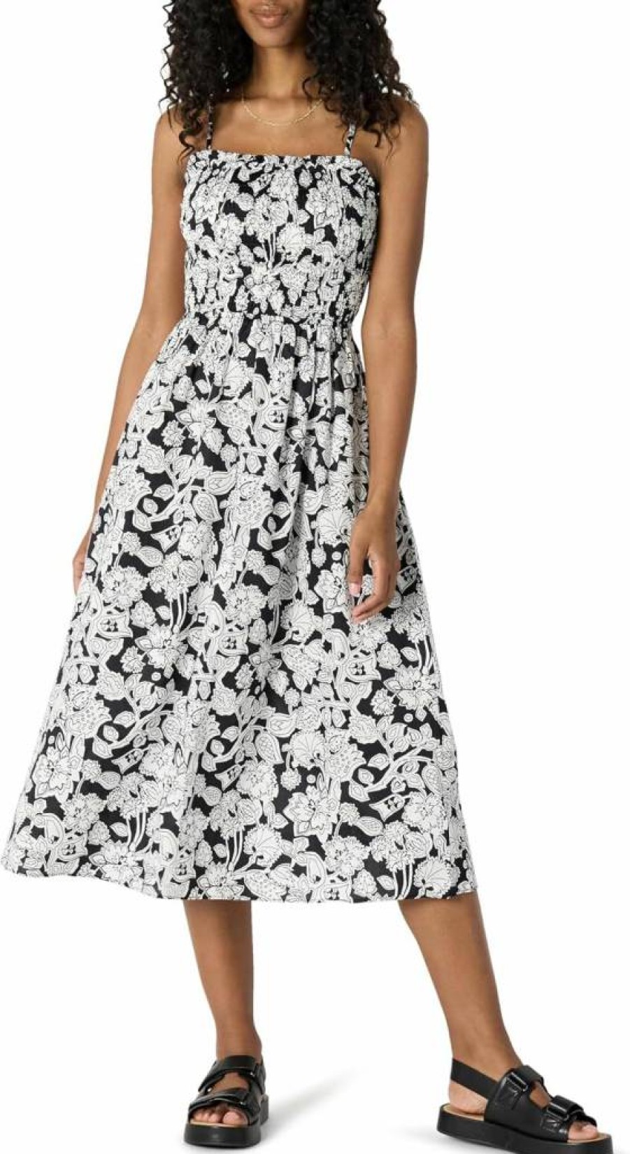 Amazon Essentials Women's Flowy Cotton Sateen Midi Dress with Smocked Bodice & Regular Fit
