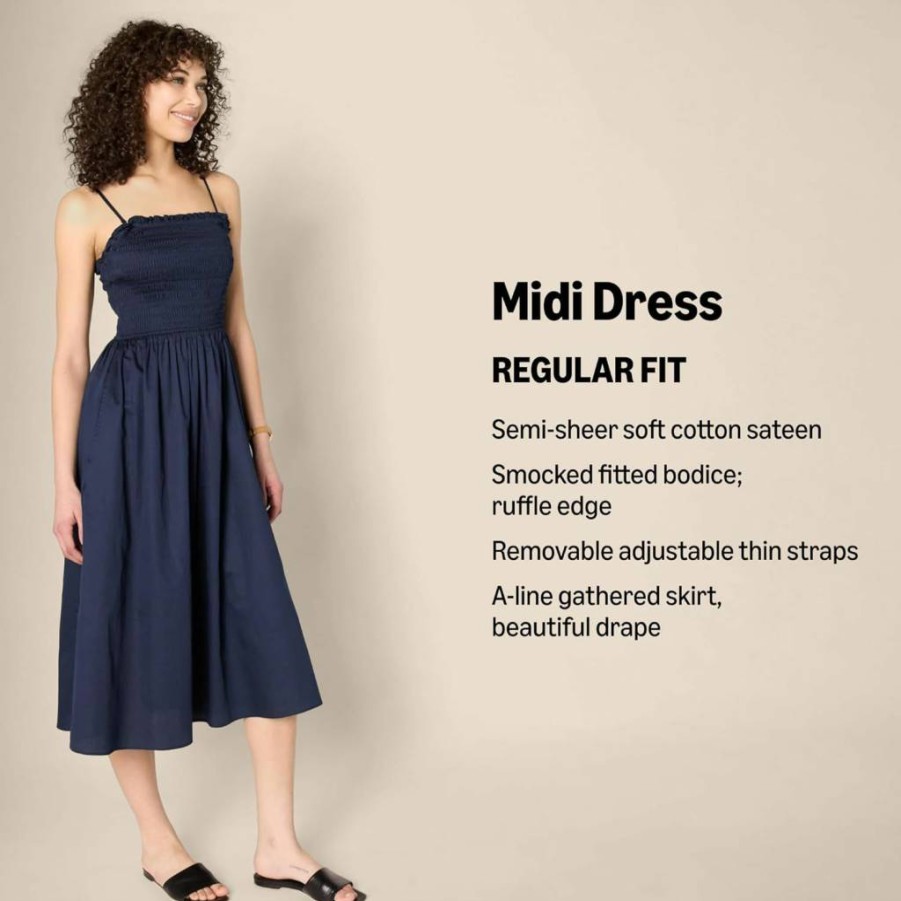 Amazon Essentials Women's Flowy Cotton Sateen Midi Dress with Smocked Bodice & Regular Fit