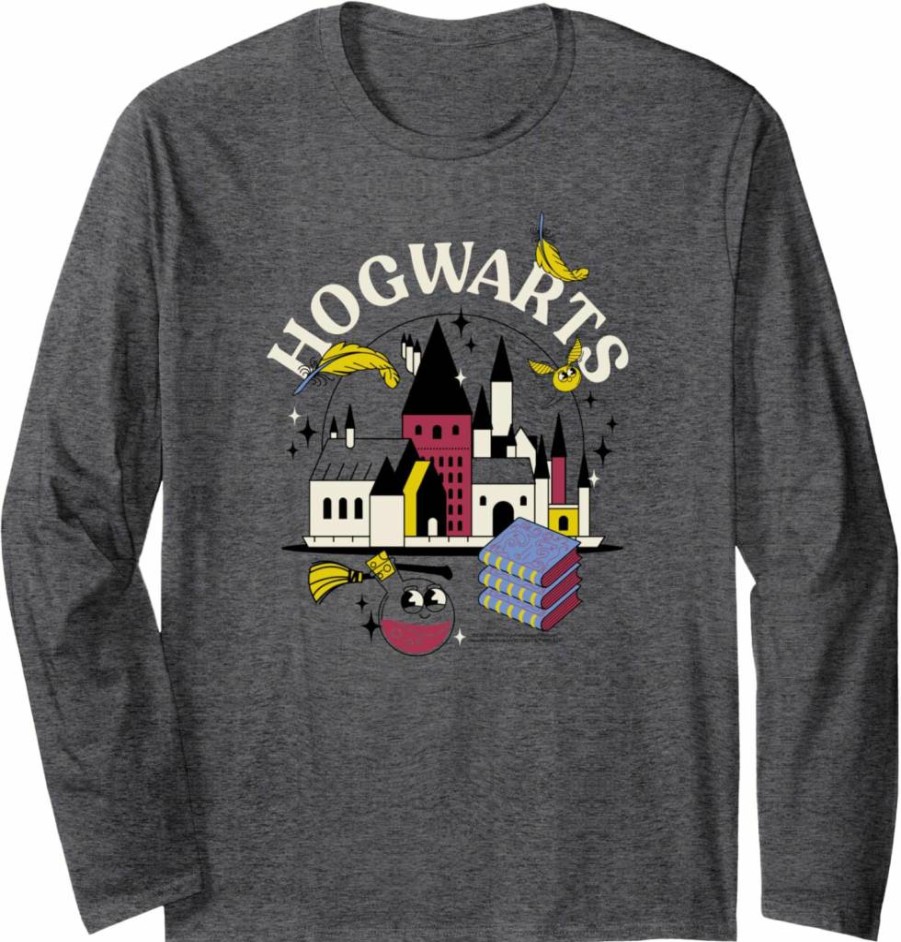 Amazon Essentials Harry Potter Hogwarts Castle Graphic Long Sleeve T-Shirt with Smiling Icons