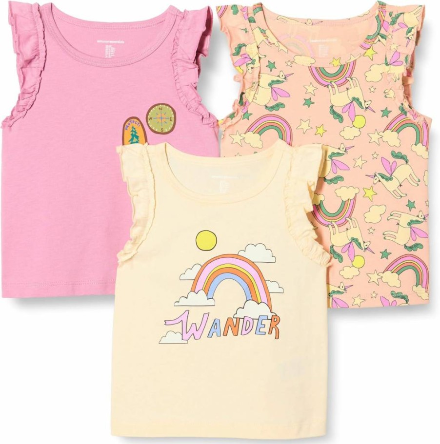 Amazon Essentials Girls & Toddlers Ruffle Tank Tops 3-Pack, Soft Cotton Summer Tops for Kids, Toddler Girls Sleeveless Shirts, Assorted Colors