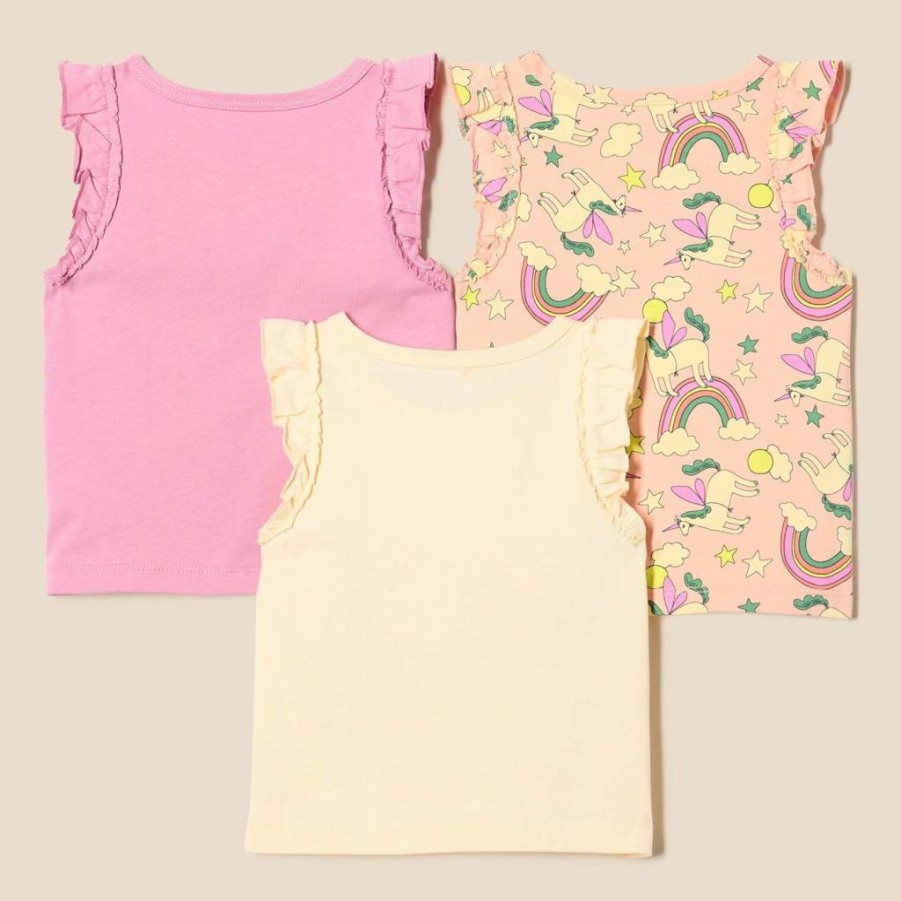 Amazon Essentials Girls & Toddlers Ruffle Tank Tops 3-Pack, Soft Cotton Summer Tops for Kids, Toddler Girls Sleeveless Shirts, Assorted Colors