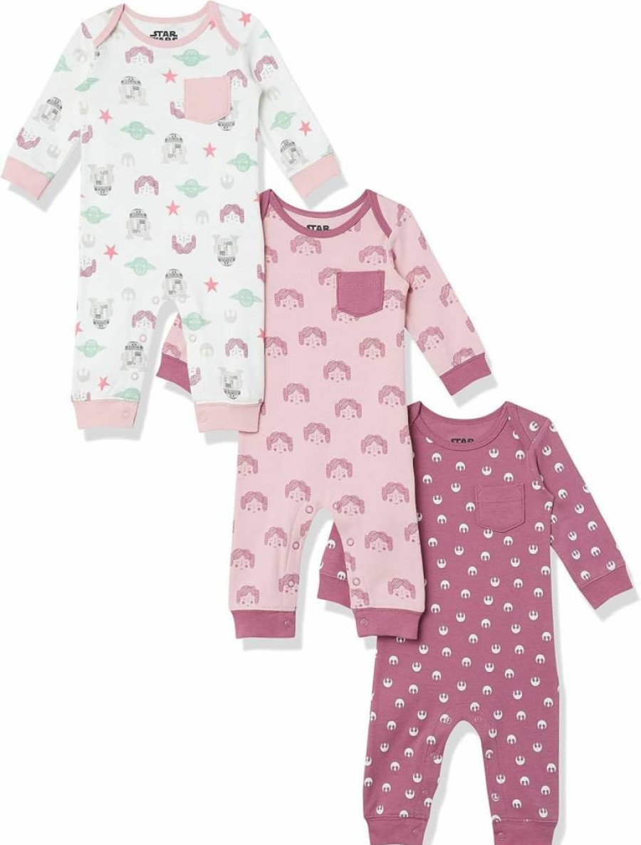Amazon Essentials Baby Girls' Disney Star Wars & Princess Cotton Coveralls, 3-Pack, Cute & Comfortable Romper Set