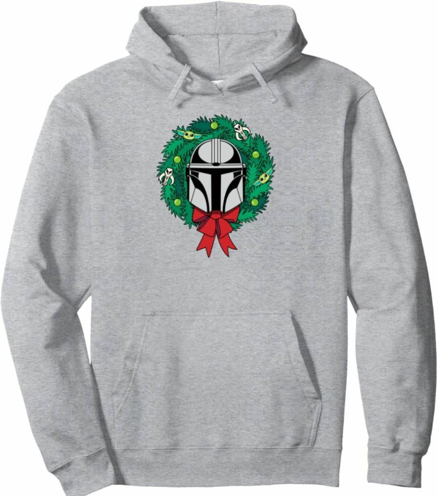 Amazon Essentials The Mandalorian Christmas Hoodie with Helmet & Wreath Design - Star Wars Pullover Sweatshirt