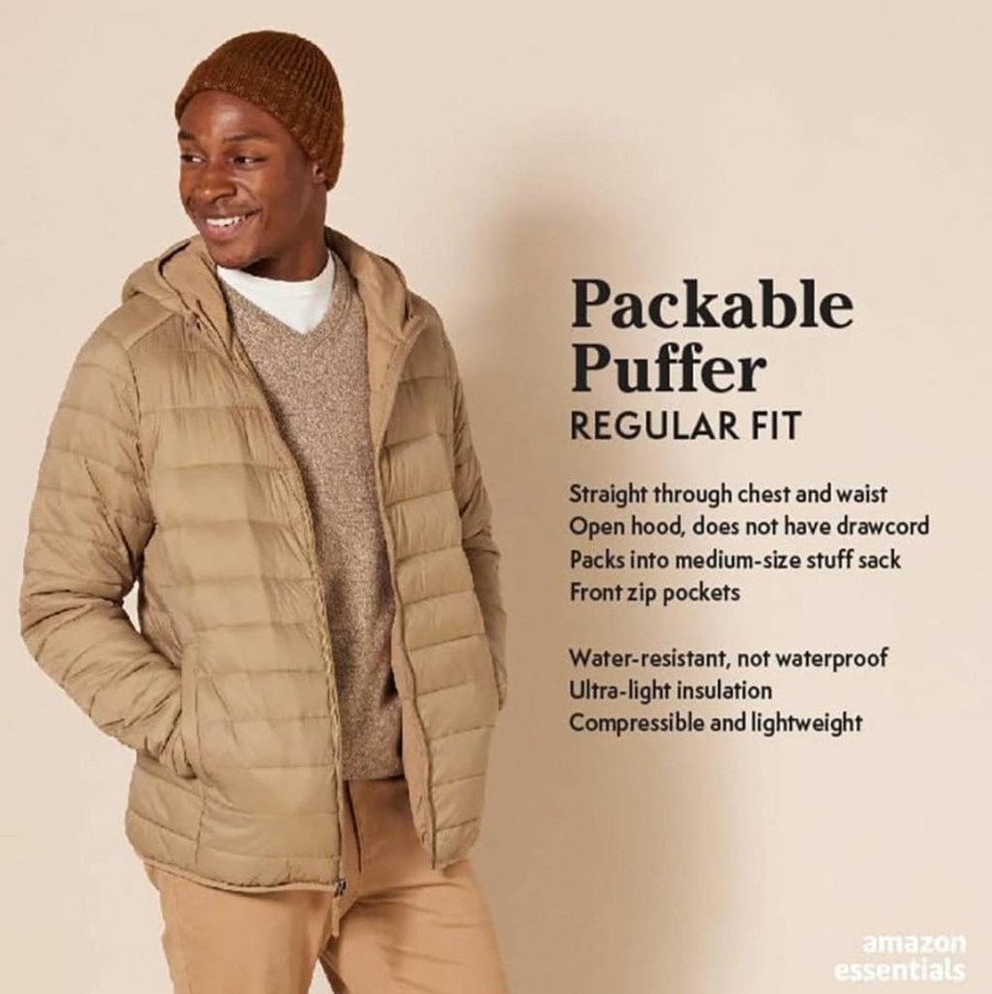 Amazon Essentials Men's Lightweight Water-Resistant Packable Hooded Puffer Jacket for Outdoor Activities