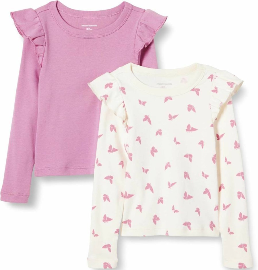 Amazon Essentials Girls' 2-Pack Long Sleeve Ruffle Tee for Toddlers & Kids