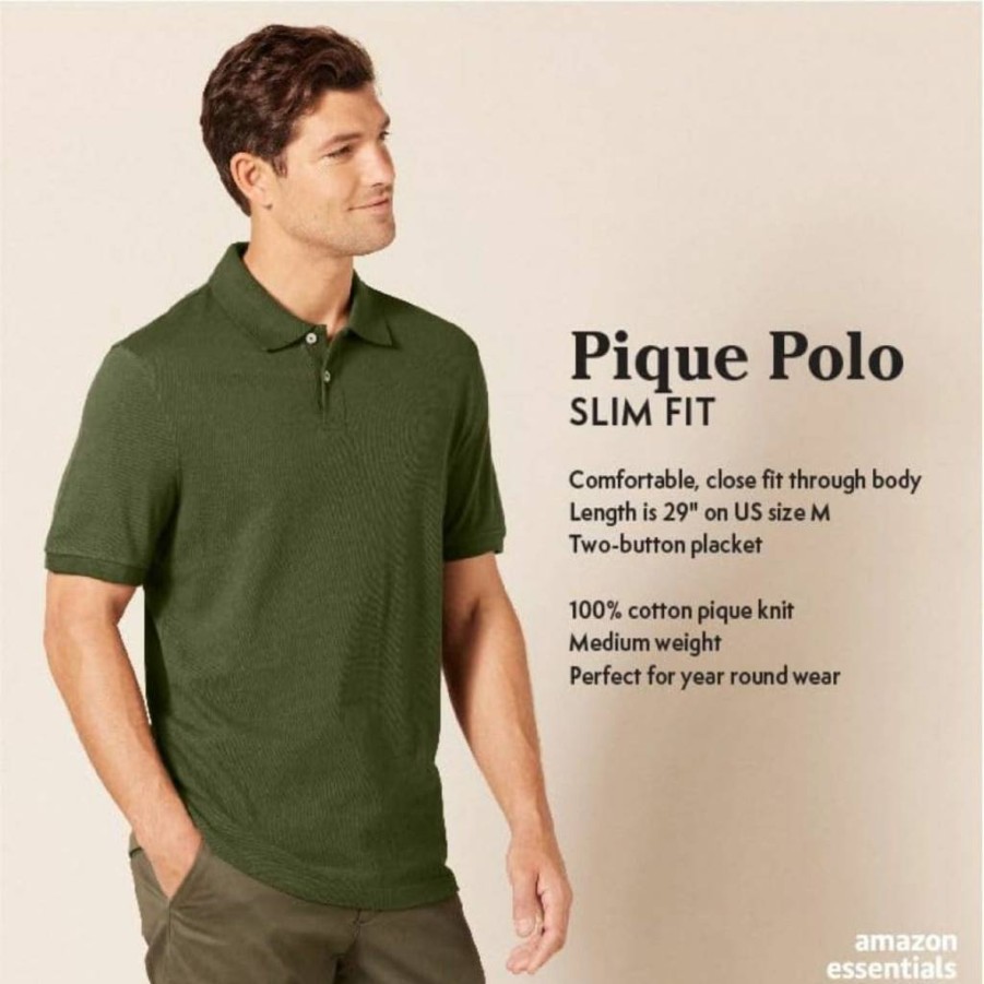 Amazon Essentials Men's Slim-Fit Short Sleeve Polo Shirt - Breathable Cotton Pique for Casual Wear
