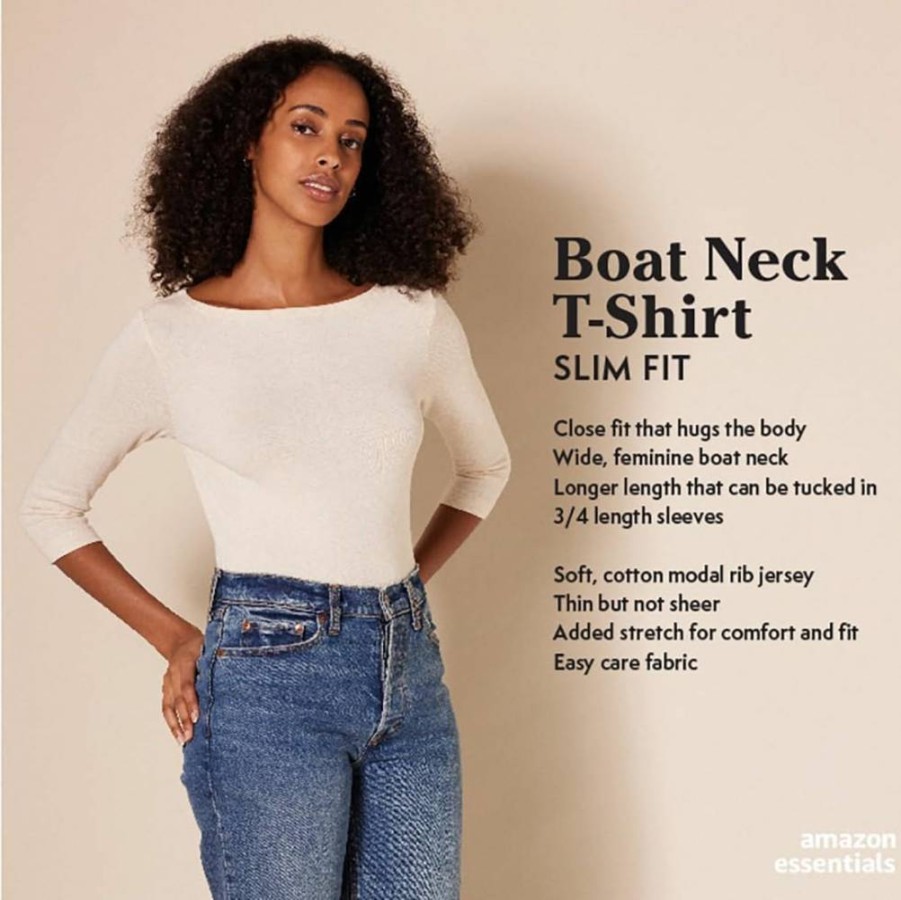 Amazon Essentials Women's Slim-Fit 3/4 Sleeve Boat Neck T-Shirt, Soft Stretch Casual Top, Comfortable Everyday Basic Tee