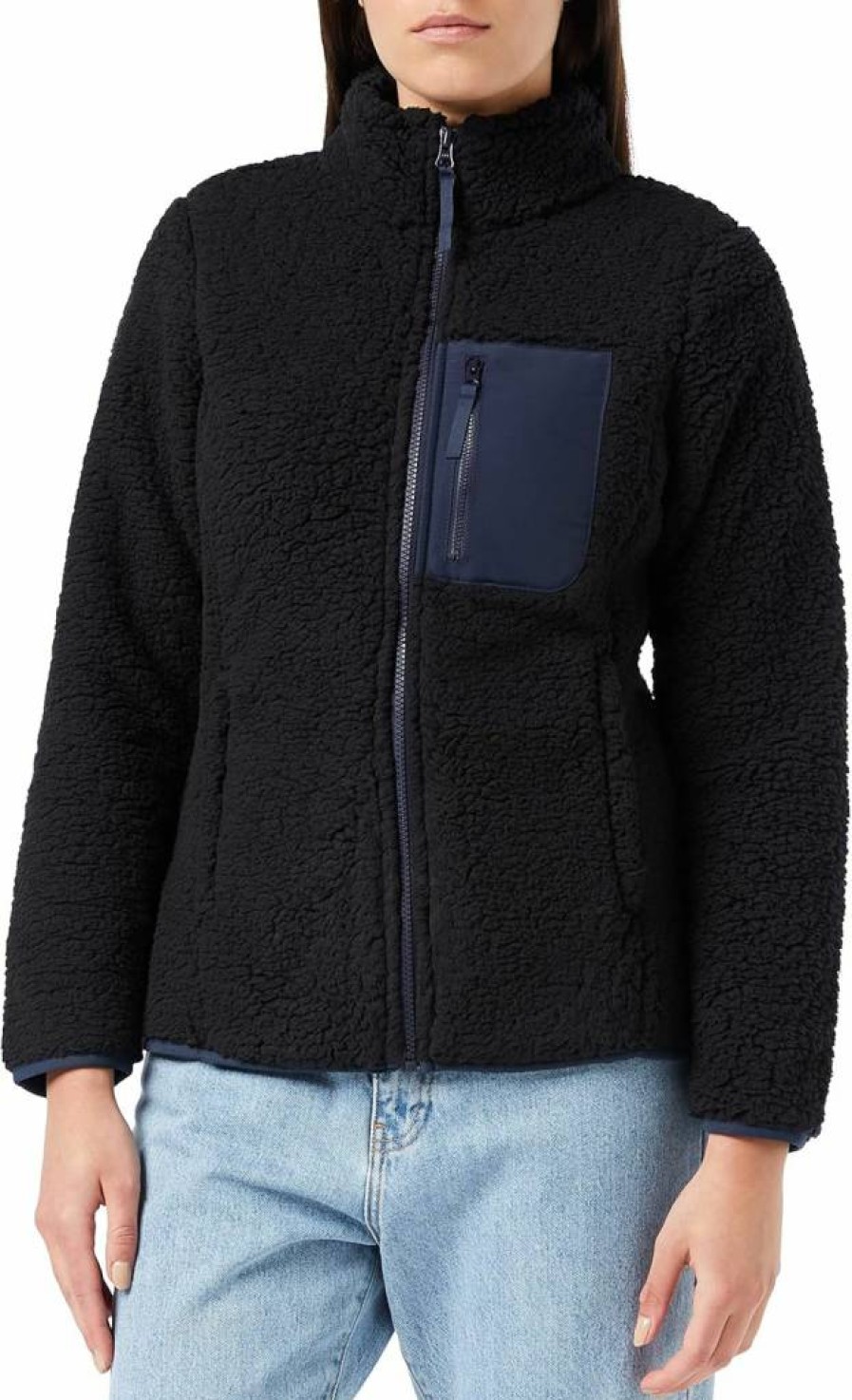 Amazon Essentials Women's Plus Size Sherpa Lined Full-Zip Mock Neck Jacket with Woven Trim