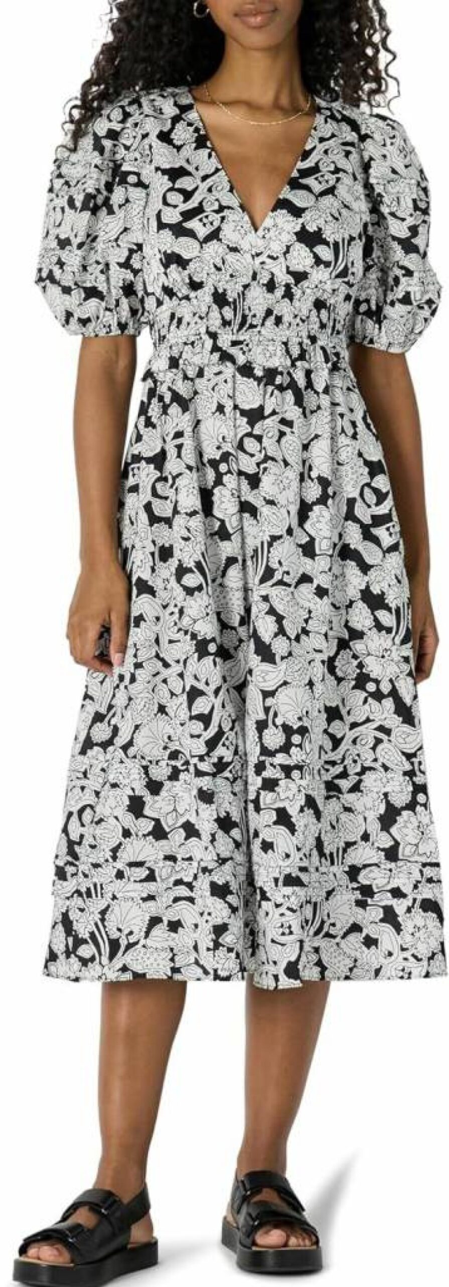 Amazon Essentials Women's Flowy Cotton Sateen Dress with Puff Sleeves and Midi Length