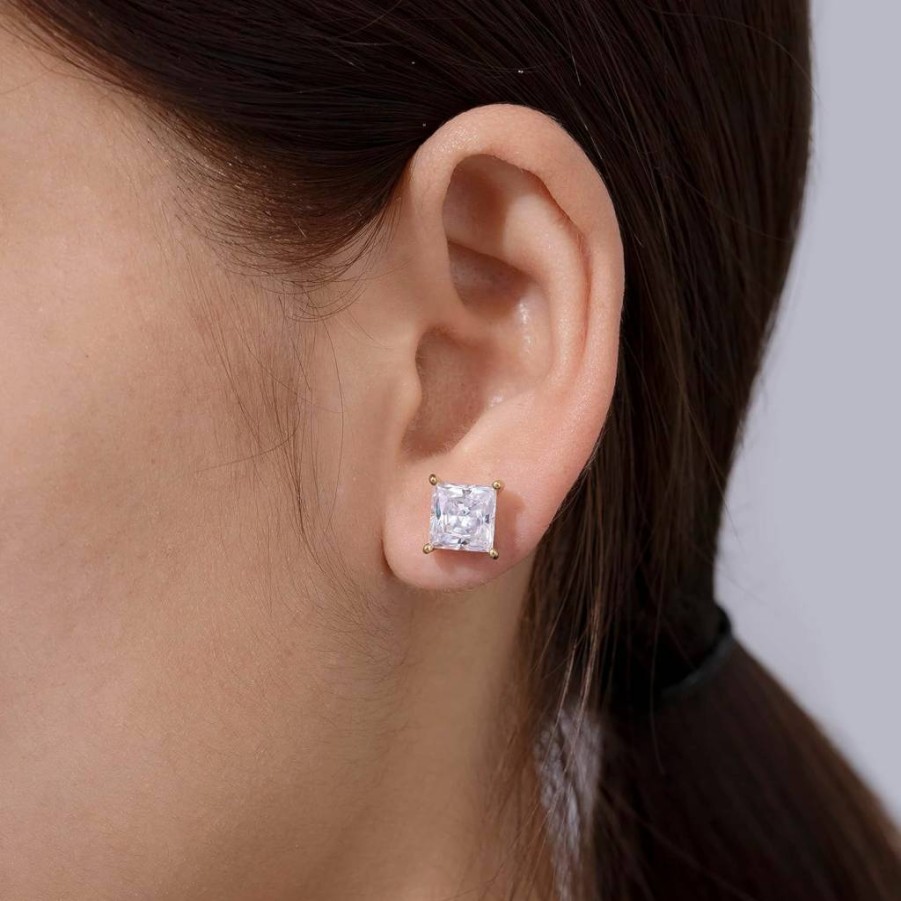 Amazon Essentials Sterling Silver Cubic Zirconia Stud Earrings Set, Princess Cut Brilliant CZ Studs, Hypoallergenic Women's Jewelry