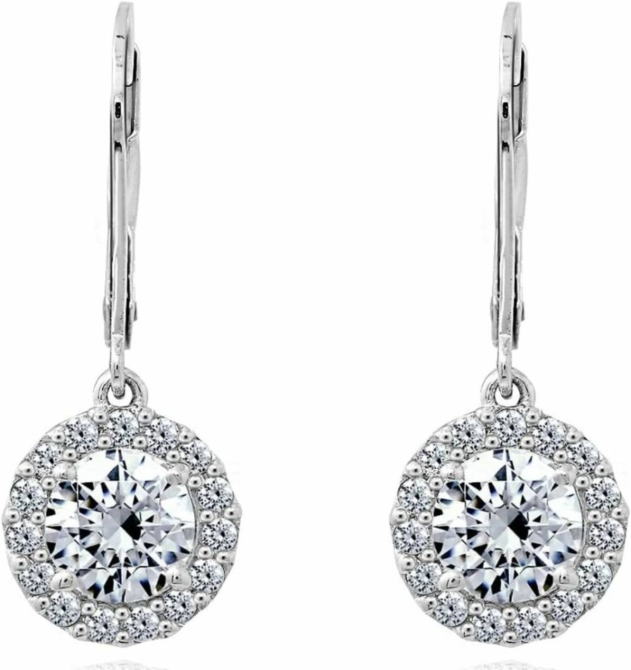 Amazon Essentials Sterling Silver Plated Cubic Zirconia Halo Drop Earrings with Leverback Closure