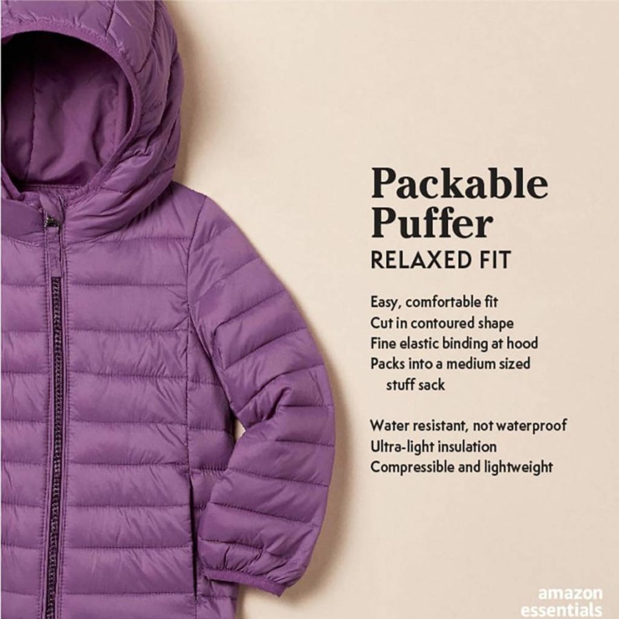 Amazon Essentials Girls' Lightweight Water-Resistant Packable Puffer Jacket with Hood for Toddlers
