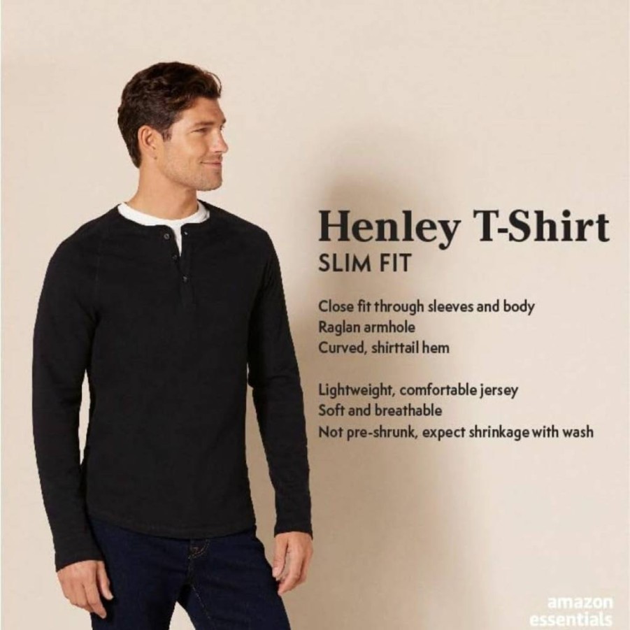 Amazon Essentials Men's Slim-Fit Long-Sleeve Henley Shirt - Comfortable Casual Button-Up Top for Men