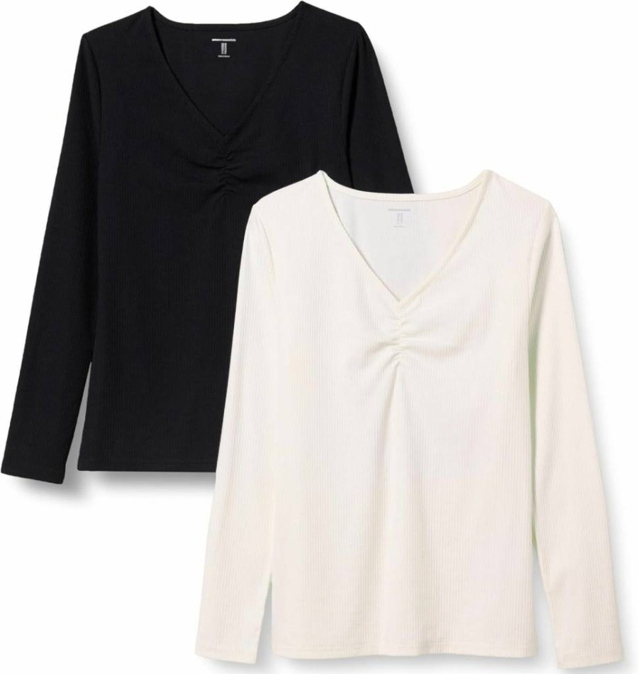 Amazon Essentials Women's Slim-Fit Rib-Knit V-Neck T-Shirt Long Sleeve Top, 2-Pack