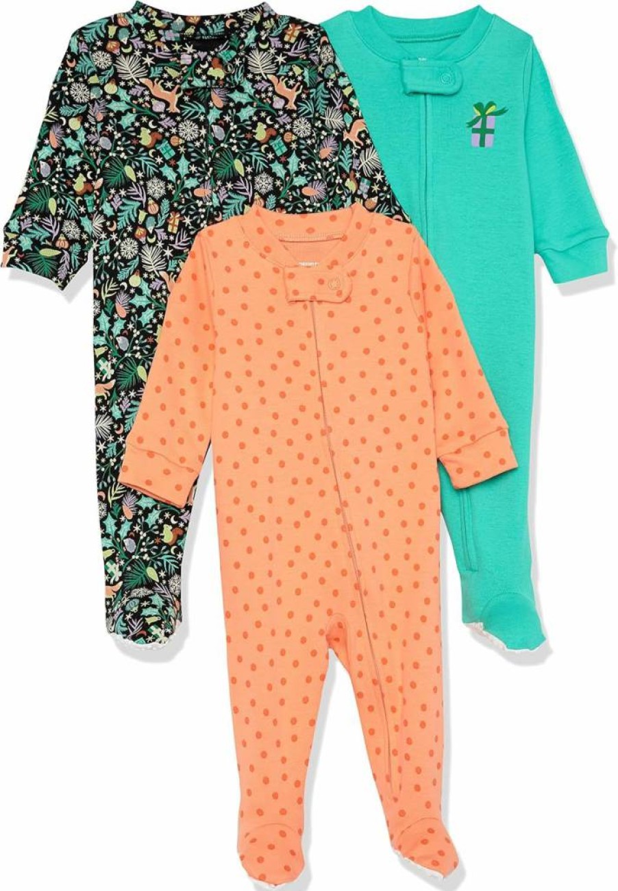 Amazon Essentials Unisex Baby & Toddler Cotton Footed Pajamas - Soft Snug-Fit Sleepwear, Multipack (3-Pack)
