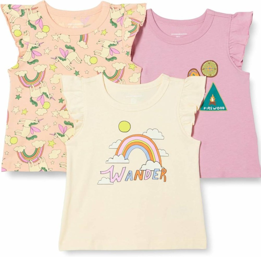 Amazon Essentials Girls & Toddlers' 3-Pack Sleeveless Ruffle T-Shirts - Cute Summer Tops