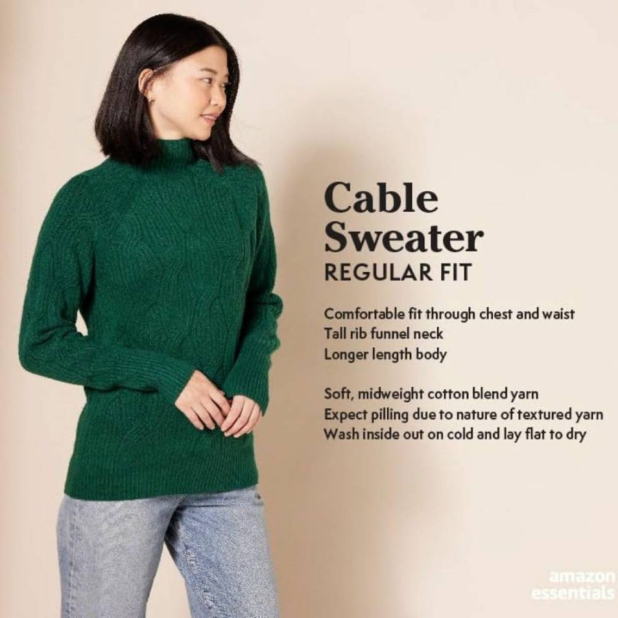 Amazon Essentials Women's Soft Touch Cable Knit Sweater, Winter Long-Sleeve Funnel Neck Pullover