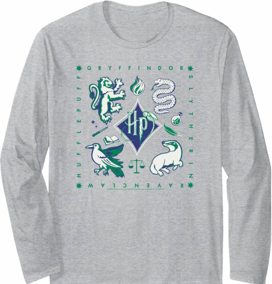 Amazon Essentials Harry Potter Hogwarts Houses Graphic Long Sleeve Cotton T-Shirt for Adults