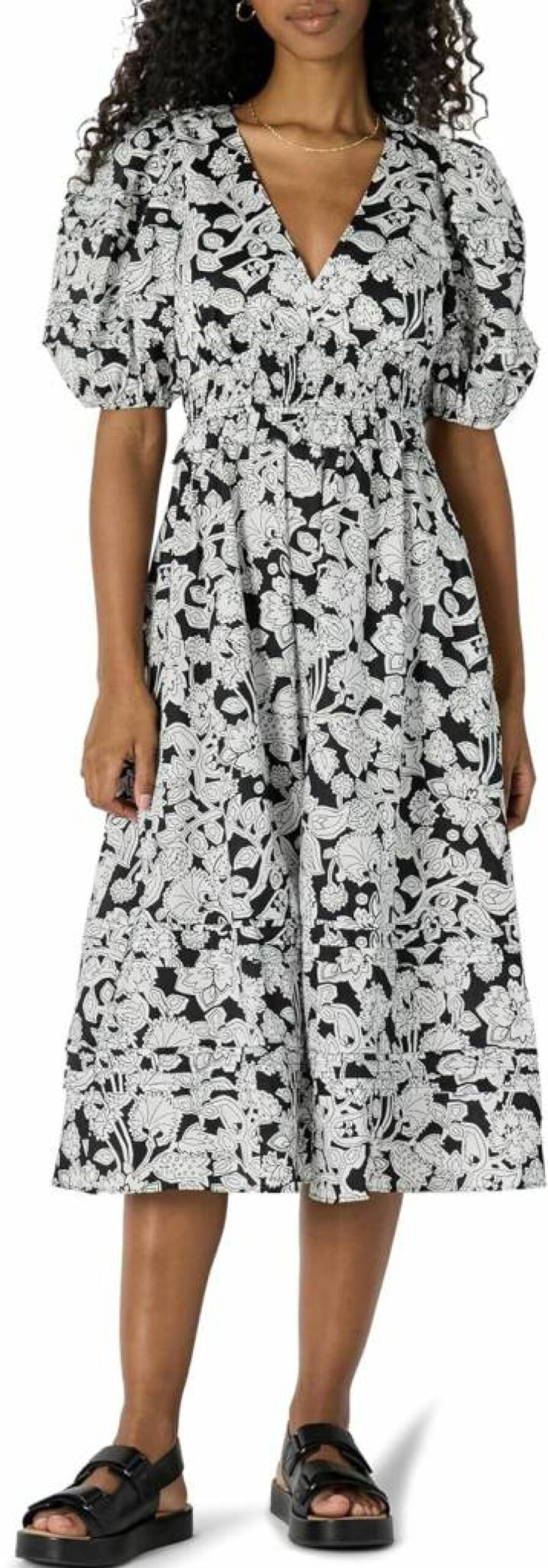 Amazon Essentials Women's Flowy Cotton Sateen Dress with Puff Sleeves and Midi Length