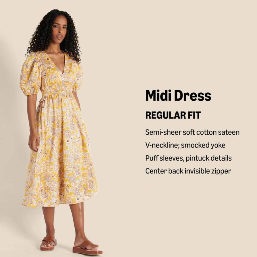 Amazon Essentials Women's Flowy Cotton Sateen Dress with Puff Sleeves and Midi Length