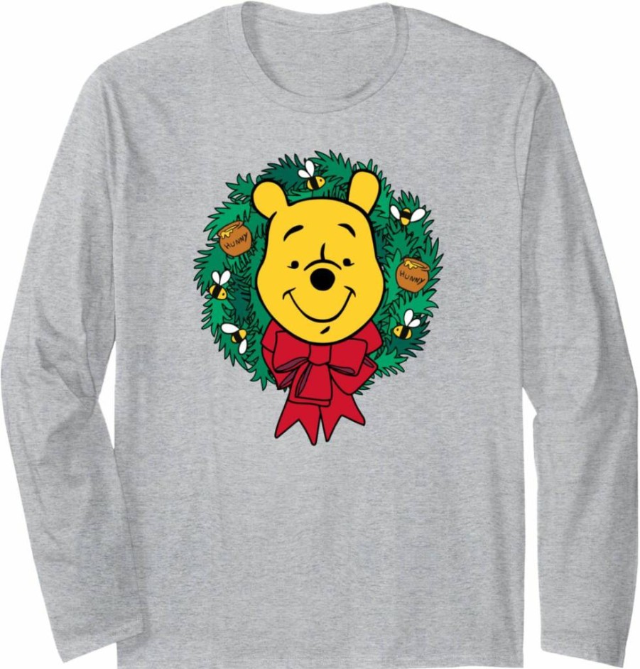 Amazon Essentials Winnie The Pooh Christmas Holiday Long Sleeve T-Shirt with Festive Wreath Design