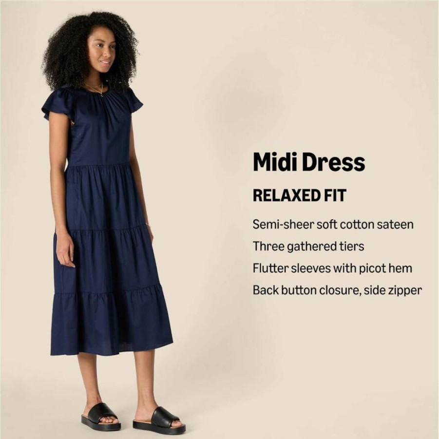 Amazon Essentials Women's Tiered Midi Dress - Relaxed Fit Cotton Sateen Crewneck Casual Summer Dress