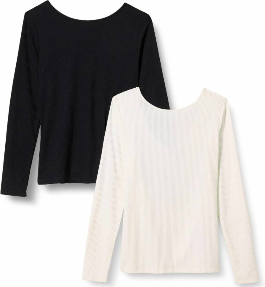 Amazon Essentials Women's Slim-Fit Rib-Knit Scoop Neck Long Sleeve T-Shirt, 2-Pack, Soft Stretch Casual Tee