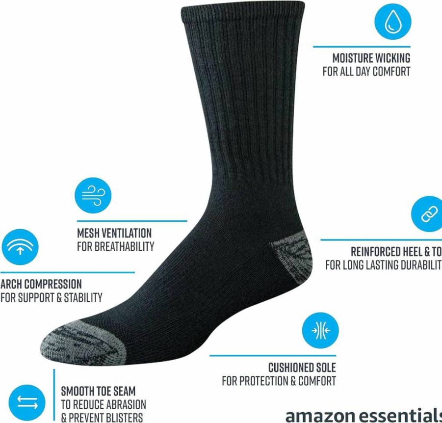 Amazon Essentials Men's Breathable Cotton Crew Work Socks, 4-Pack - Comfortable Cushioned Performance Socks for Daily Wear