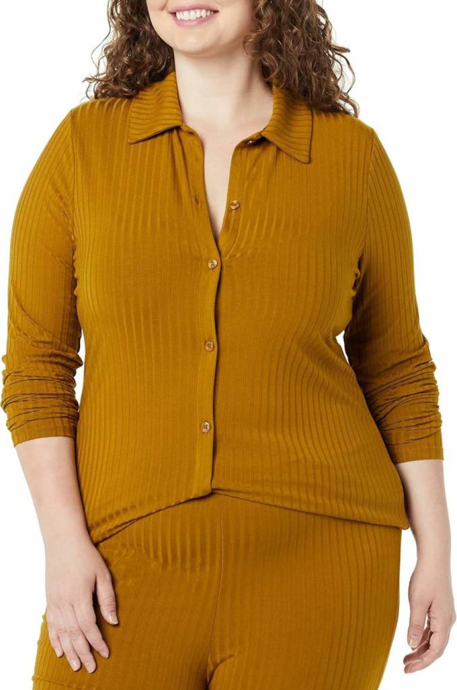 Amazon Essentials Women's Long Sleeve Button-Up Cardigan with Collar and Ribbed Detail