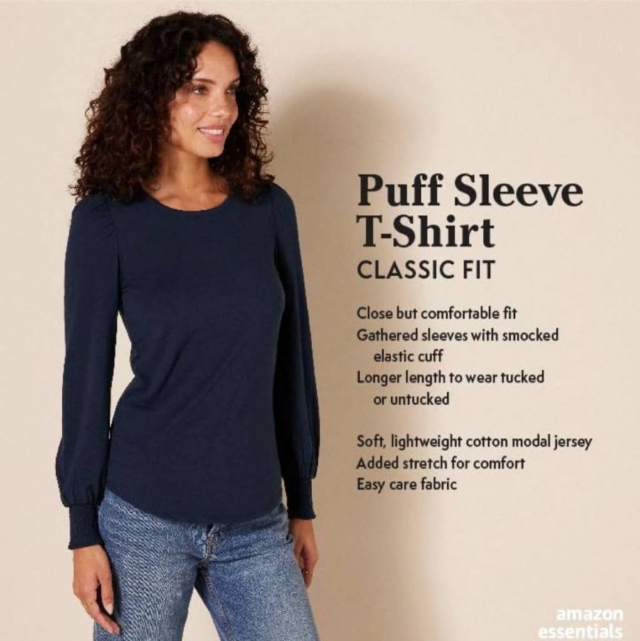 Amazon Essentials Women's Long-Sleeve Crewneck T-Shirt with Smocked Cuffs - Comfortable Casual Top