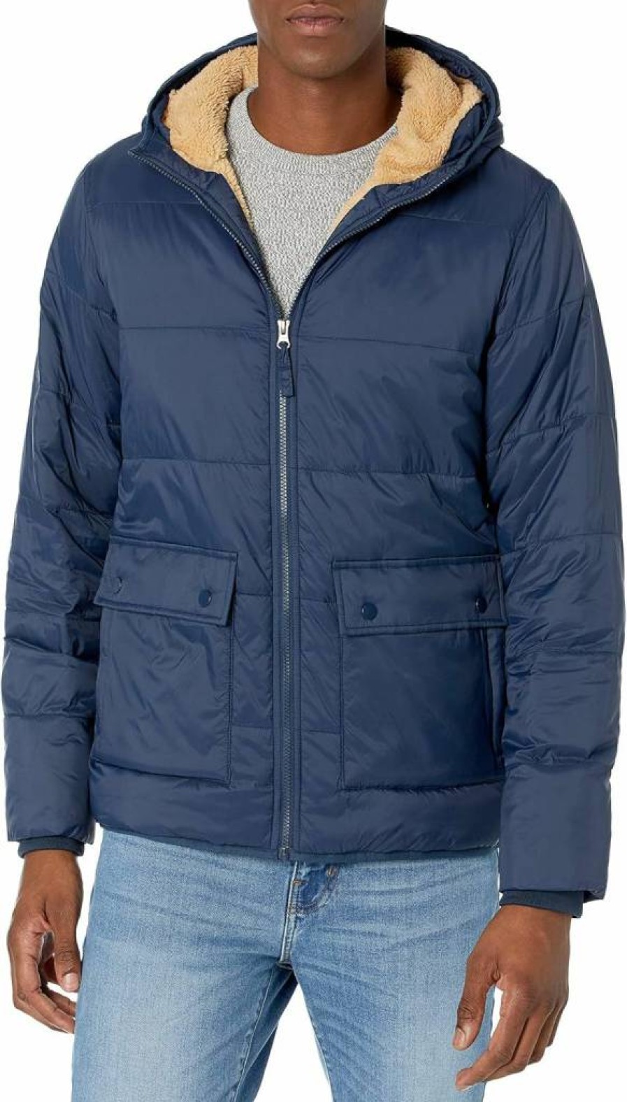 Amazon Essentials Men's Water-Resistant Sherpa-Lined Puffer Jacket - Warm Long-Sleeve Winter Coat