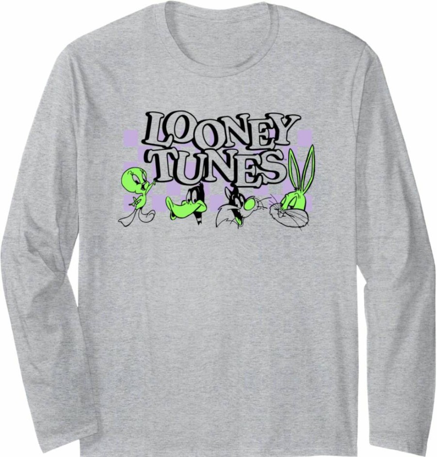 Amazon Essentials Looney Tunes Graphic Long Sleeve T-Shirt - Green Checkerboard Design