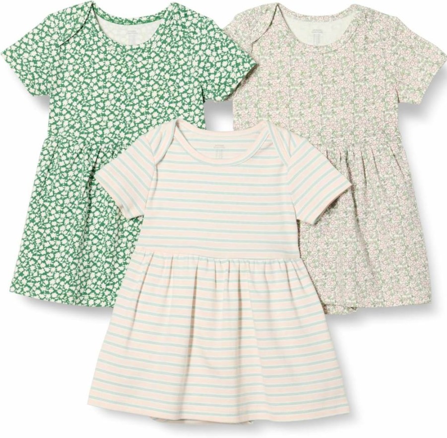 Amazon Essentials Baby Girls' 3-Pack Short Sleeve Bodysuit Dresses | Soft Casual Outfits