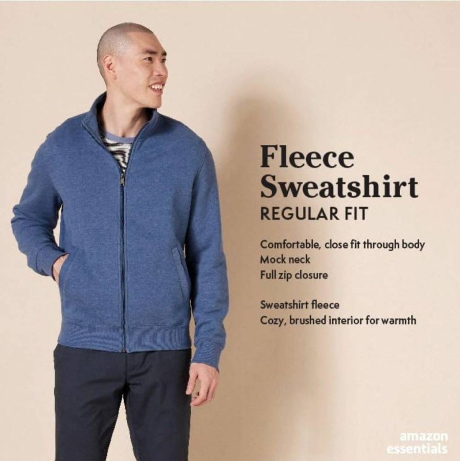 Amazon Essentials Men's Fleece Mock Neck Zip-Up Sweatshirt for Comfort & Warmth