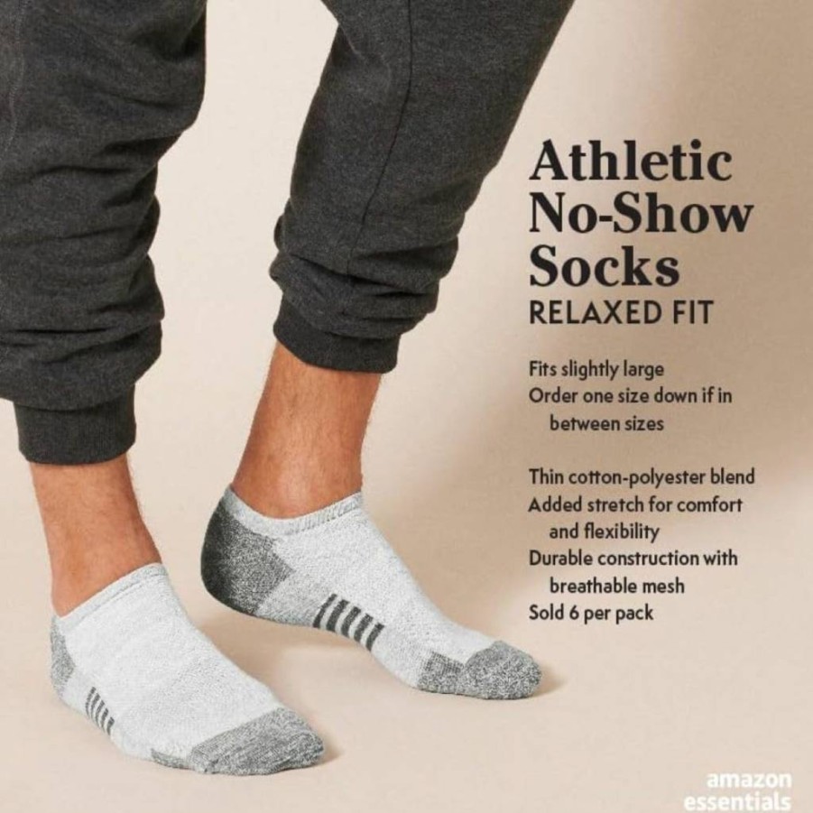 Amazon Essentials Men's Breathable Cotton No-Show Athletic Socks 6-Pack, Performance Cushioned for Comfort